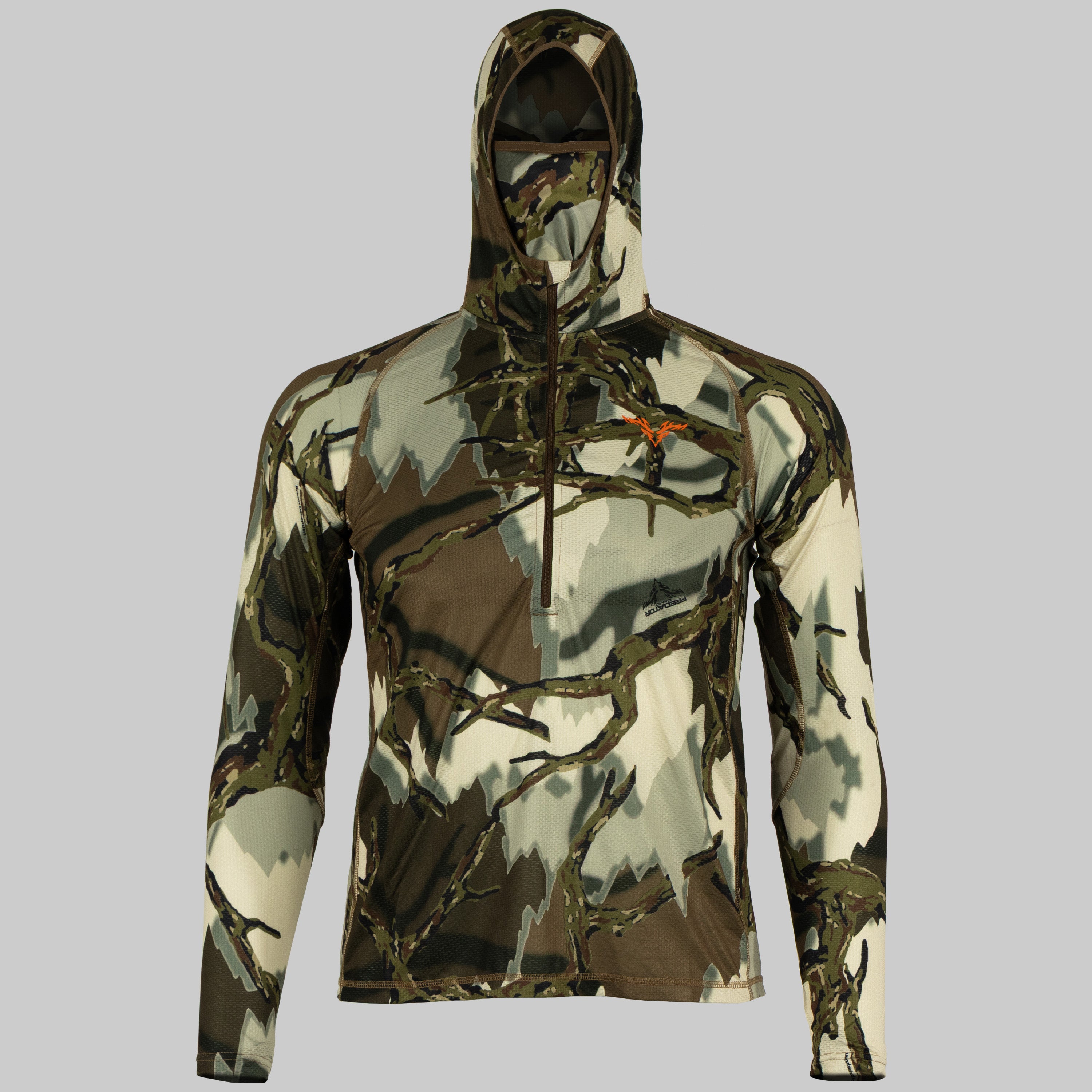 Predator camo vapor lite hoodie front view with mask #color_brown-deception